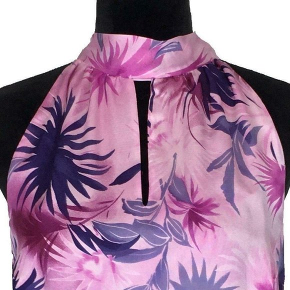 NEW Juliana Collezione 8 Silk Crop Top Pink Purple Tropical Forest Bow Tie Mock - Picture 2 of 7